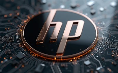 hewlett packardin pronssinen 3d logo, 4k, harmaa digitaalinen tausta, hp symboli, hewlett packardin tunnus, hewlett packard, hp:n pronssilogo, hp merkki, hp:n tunnus, hp