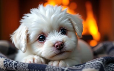 4k, cucciolo di bichon frisé, avvicinamento, camino, simpatici animali, coperta a quadretti, bokeh, cuccioli, cani, museruola, bichon frise, animali domestici, cane in coperta, cane bichon frise