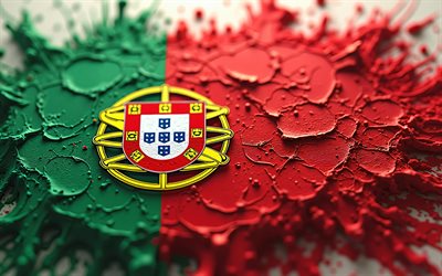4k, il portogallo dipinge la bandiera, avvicinamento, schizzi di vernice, bandiera portoghese, dipingere arte, bandiera del portogallo, bokeh, europa, simboli nazionali portoghesi, bandiera del portogallo 3d, portogallo