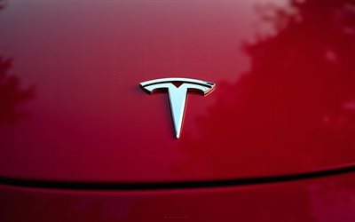 logotipo de tesla, 4k, capucha roja, signo de tesla, emblema de tesla, logotipo de tesla en una capucha roja, autos americanos, tesla