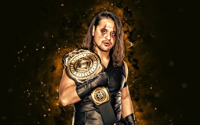 Shinsuke Nakamura, 4k, brown neon lights, WWE, creative, Japanese wrestler, Shinsuke Nakamura with belt, brown abstract background, World Wrestling Entertainment, wrestlers, Shinsuke Nakamura 4K
