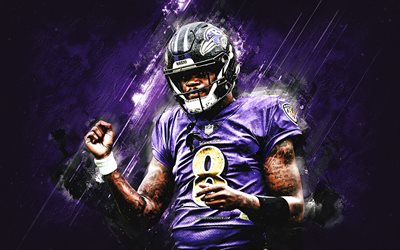 Lamar Jackson, Baltimore Ravens, American football player, purple stone background, grunge art, NFL, USA, American football, Lamar Demeatrice Jackson Jr, Lamar Jackson Baltimore Ravens