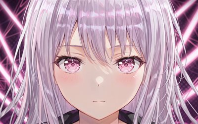 4k, Minato Yukina, pink neon rays, BanG Dream, close-up, purple eyes, BanG Dream characters, manga, Minato Yukina BanG Dream