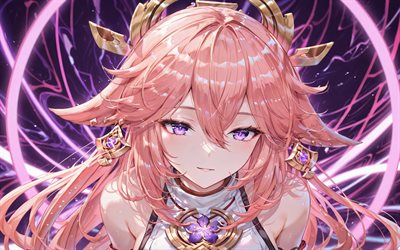 4k, yae miko, anillo de neón púrpura, creativo, impacto de genshin, ojos violetas, obra de arte, manga, protagonista, personajes de impacto de genshin, paraguas, guuji, impacto de yae miko genshin