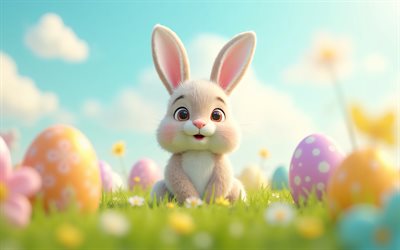 coelhinho da páscoa de desenho animado, 4k, feliz páscoa, paisagem de primavera, coelhinho da páscoa, coelhinho 3d fofo, cartão de páscoa, conceitos de páscoa, páscoa