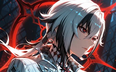 4k, أرليكينو, قلعة, ليلة, تأثير جينشين, حلقات النيون الحمراء, عيون حمراء, شخصيات الانمي, عمل فني, شخصيات جينشين إمباكت, تأثير أرليكينو جينشين