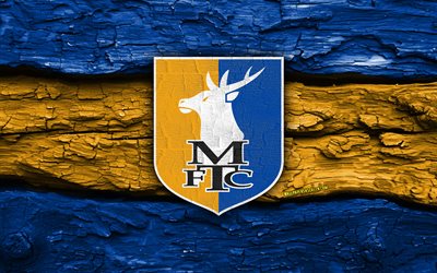 Mansfield Town FC wooden logo, 4k, blue orange wooden background, League One, soccer, Mansfield Town FC logo, football, Mansfield Town FC emblem, Mansfield Town FC, english football club, Mansfield Town