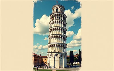 torre inclinada de pisa, 4k, arte vectorial, torre de pisa, arte de la camiseta, punto de referencia de pisa, arte de la camiseta de la torre de pisa, arte creativo, pisa, italia