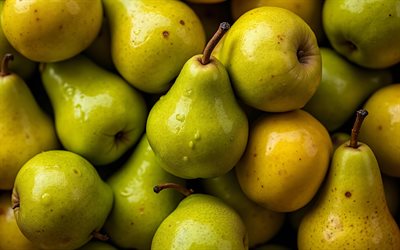 peras verdes, 4k, frutas frescas, bokeh, macro, frutas maduras, peras maduras, fondo con peras, frutas, peras