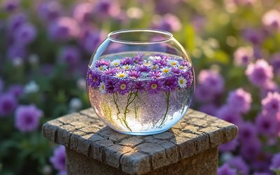 Purple chrysanthemums, 4k, purple flowers in a vase, spring flowers, chrysantham flower, flowers in water, daisies, purple spring flowers, spring decoration