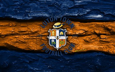 Luton Town FC wooden logo, 4k, blue orange wooden background, League One, soccer, Luton Town FC logo, football, Luton Town FC emblem, Luton Town FC, english football club, Luton Town