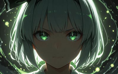 4k, youmu konpaku, ojos brillantes, oscuridad, proyecto touhou, manga, fondo abstracto verde, personajes touhou, touhou, konpaku youmu, personajes de anime, youmu konpaku touhou