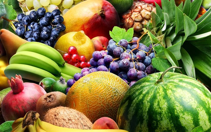 hedelmät, banaani, vesimeloni, viinirypäleet, sitruuna, meloni, kookos