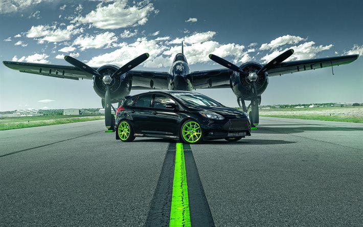 hatchbacks, 2015, Ford Focus ST, runway, plane, tuning, black Focus