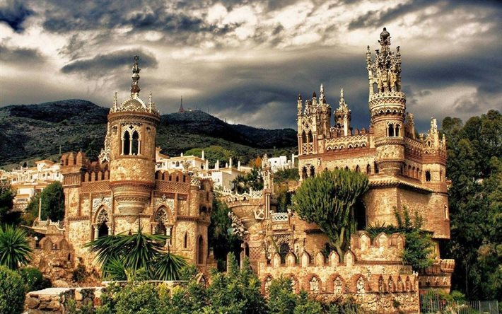 Colomares महल, पहाड़ों, Benalmadena, बादलों, HDR, स्पेन