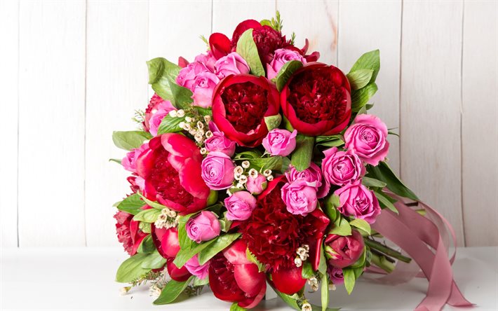 शादी का गुलदस्ता, गुलाब के फूल, गुलदस्ता, peonies, लाल फूल
