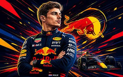 max verstappen, carreras de toro rojo, fórmula 1, arte vectorial, f1, toro rojo, arte creativo, max verstappenred bull racing, fondo vectorial abstracto azul