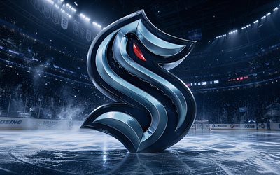 4k, シアトル クラーケン メタル ロゴ, スポットライト, アイスアリーナ, nhl, クリエイティブ, ホッケー, シアトルのクラーケンのロゴ, ホッケースタジアム, シアトル クラーケン 3d ロゴ, アメリカのホッケーチーム, シアトル クラーケン
