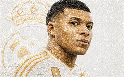 kylian mbappé, real madrid, retrato, arte de diamantes, kylian mbappé real madrid, arte de piedras preciosas, logotipo del real madrid, kylian mbappé real madrid cf, fútbol americano