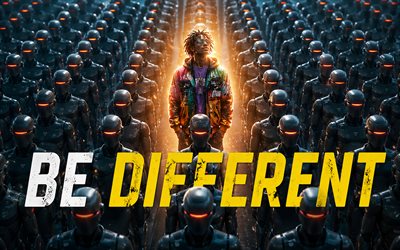 soyez différent, 4k, personne créative, robots, soyez des concepts différents, oeuvre d'art, soyez une inscription différente, créatif, soyez un art différent