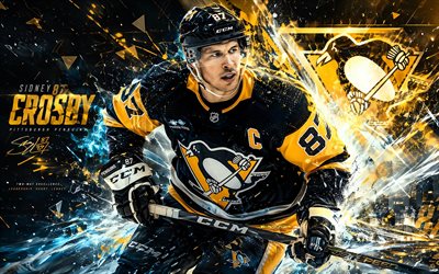sydney crosby, 4k, fond numérique jaune noir, pingouins de pittsburgh, lnh, hockey, sydney crosby 4k, logo des penguins de pittsburgh, fan art, sidney crosby, penguins de pittsburgh