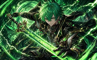 mikage, 4k, karanlık, yeşil kılıç, yumekuro, yeşil aydınlatmalar, yumekuro karakterleri, yume shokunin'den wasureji no kuroi yousei'ye, manga, mikage yume kuro
