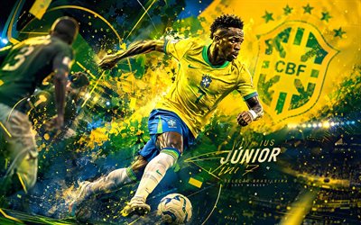 vinicius junior, brasilianische fußballnationalmannschaft, fan kunst, gelbgrüner abstrakter digitaler hintergrund, vinicius junior brasilien, kreative kunst, logo der brasilianischen fußballnationalmannschaft, brasilien, fußball, vinicius jr