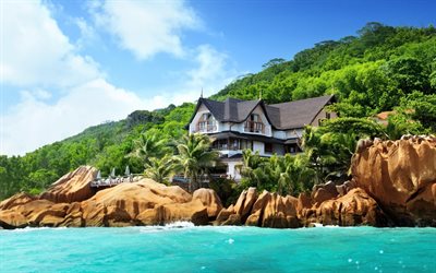 hotelli, meri, kalliot, seychellit, kesä