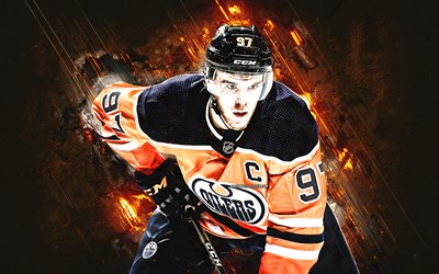 Connor McDavid, Edmonton Oilers, NHL, Canadian hockey player, grunge art, USA, ice hockey, orange stone background