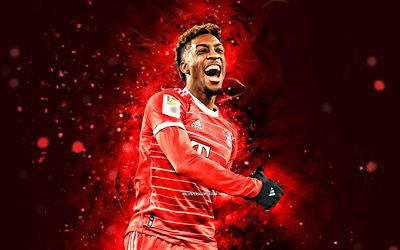 Kingsley Coman, 4k, red neon lights, Bayern Munich FC, Bundesliga, german footballers, Kingsley Coman 4k, soccer, red abstract background, Kingsley Coman Bayern Munich