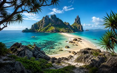 Tropical island, 4K, ocean, beach, palm trees, azure bay, paradise, islands in the ocean, summer travel