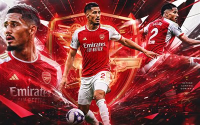 William Saliba, Arsenal FC, fan art, red abstract background, Champions League, William Saliba Arsenal FC, creative art, Arsenal FC logo, William Saliba Arsenal, football, Arsenal