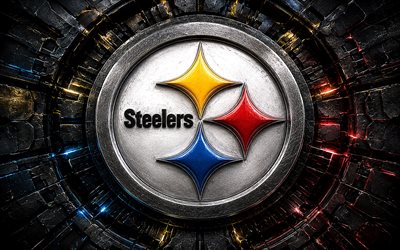 Pittsburgh Steelers metal logo, 4k, black yellow metal background, NFL, american football, Pittsburgh Steelers logo, Pittsburgh Steelers emblem, american football team, Pittsburgh Steelers