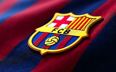 FC Barcelona fabric logo, blue burgundy fabric background, FC Barcelona fabric emblem, FC Barcelona logo, FC Barcelona wooden sign, La Liga, Spain, football, FC Barcelona, Barcelona logo, Barcelona
