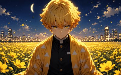 Zenitsu Agatsuma, 4k, yellow flowers, night, Kimetsu no Yaiba, skyline cityscape, warrior, yellow lightings, manga, protagonist, lightings, artwork, Demon Slayer, Zenitsu, Zenitsu Agatsuma Kimetsu no Yaiba