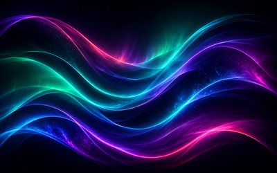 Green blue waves background, 4k, neon waves background, green blue abstractions, northern lights waves, black background, neon light waves background, abstract waves background