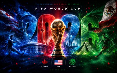 4k, 2026 FIFA World Cup, landmarks, colorful 3D digits, FIFA World Cup Trophy, dark luxurious background, football, FIFA World Cup art, FIFA World Cup 2026, creative, golden trophy, soccer, FIFA World Cup