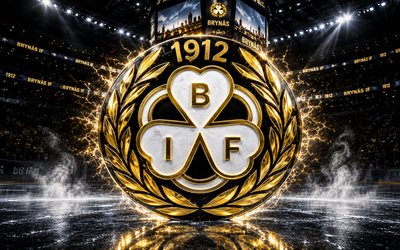 Brynas IF metal logo, 4k, spotlights, ice arena, SHL, hockey, Brynas IF logo, hockey stadium, Brynas IF 3D logo, swedish hockey team, Brynas IF