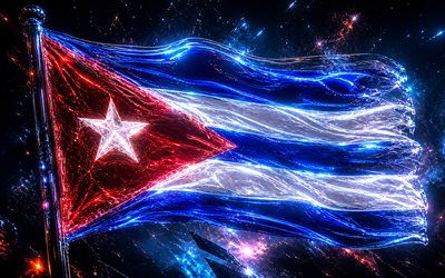 Cuba glowing flag, 4k, digital art, dark abstract background, Cuba flag on flagpole, flag of Cuba, Cuba flag, neon waves Cuba flag, Cuban flag, Cuba 3D flag, Cuba