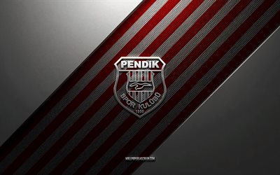 Pendikspor logo, 4k, steel background, Turkish football club, red white lines, Pendikspor emblem, TFF 1 Lig, Pendikspor, Turkey, football, Pendikspor metal logo, Pendikspor crest