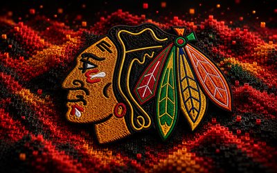Chicago Blackhawks fabric logo, 4k, black red 3D background, NHL, hockey, Chicago Blackhawks logo, Chicago Blackhawks emblem, american hockey team, Chicago Blackhawks