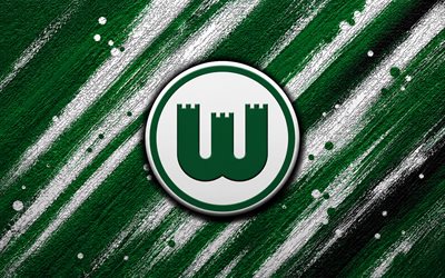 VfL Wolfsburg logo, 4k, green white paint background, VfL Wolfsburg, German football club, VfL Wolfsburg emblem, Bundesliga, Germany