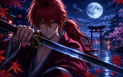 4k, Himura Kenshin, autumn, sword, night, Rurouni Kenshin, kimono, Rurouni Kenshin characters, samurai, anime characters, manga, Himura Kenshin Rurouni Kenshin