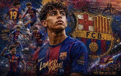 Lamine Yamal, FC Barcelona, 4K, stone background, FC Barcelona logo, Lamine Yamal FC Barcelona, mural art, football, Barcelona, Lamine Yamal Barcelona, Lamine Yamal Nasraoui Ebana