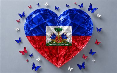 Flag of Haiti, 4k, I love Haiti, 3d crystal heart, Haiti 3d flag, 3d crystal heart like Haiti flag, North America, Haiti flag, 3d art, Haiti heart flag, Haiti