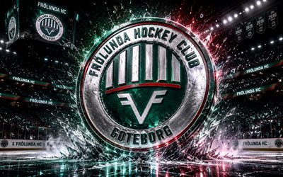 Frolunda HC metal logo, 4k, spotlights, ice arena, SHL, hockey, Frolunda HC logo, hockey stadium, Frolunda HC 3D logo, swedish hockey team, Frolunda HC