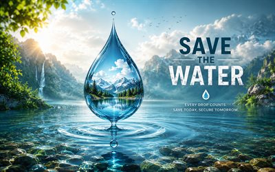 Save water, 4K, 3D water drop, landscape, ecology, blue background, water concepts, Save water concepts, eco concepts, environment, Lets Save Water Together