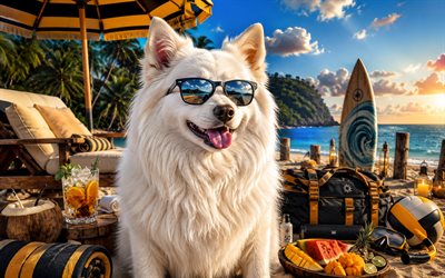 American Eskimo Dog, 4k, summer, tropical beach, beach accessories, sea, sun lounger, sunglasses, American Eskimo Dog on beach, dogs, cocktail, cute animals, beach, pets, dog in sunglasses, American Eskimo