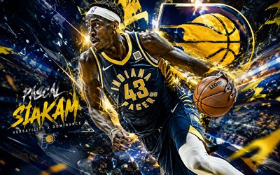 Pascal Siakam, 4k, blue futuristic background, Indiana Pacers, NBA, american basketball players, Pascal Siakam 4K, basketball, Pascal Siakam Art, Pascal Siakam Indiana Pacers