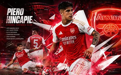 Piero Hincapie, Arsenal FC, fan art, red abstract background, Champions League, Piero Hincapie Arsenal FC, creative art, Arsenal FC logo, Piero Hincapie Arsenal, football, Arsenal